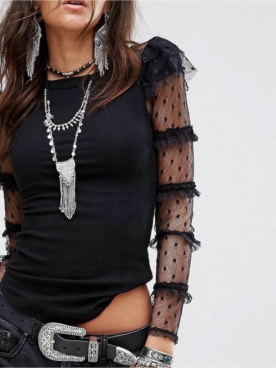 Free People Tops - Free People Black Sheer Polka Dot Long Sleeve Tee